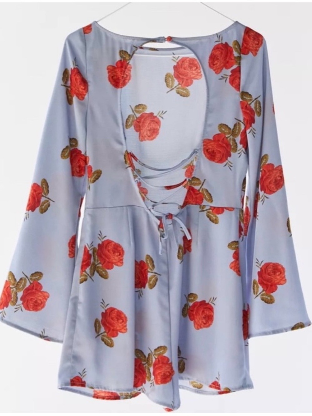 NWT Urban Outfitters Floral Long Sleeve Romper Blue with Red Flowers